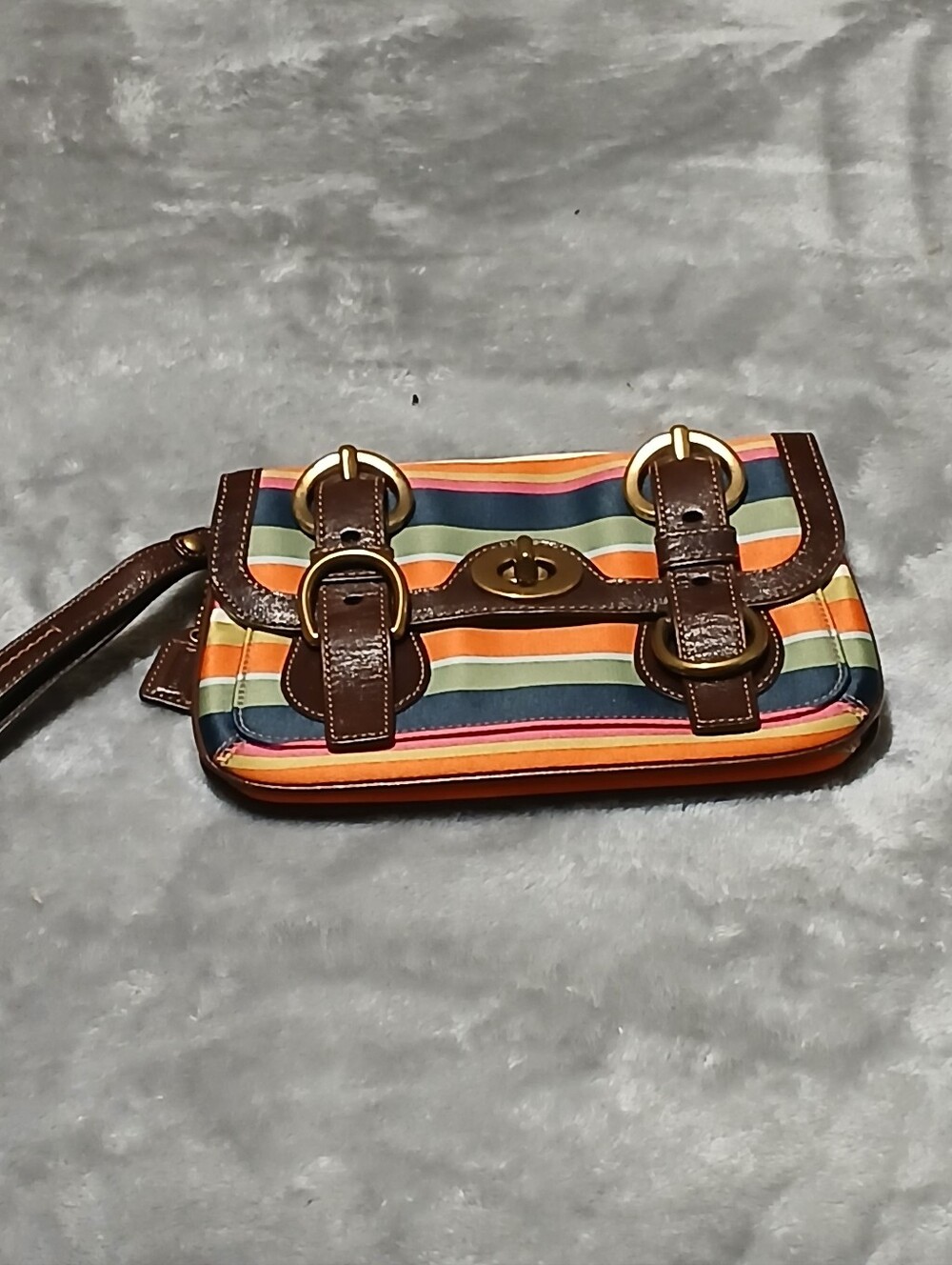 Coach Multicolor Striped Canvans Wristlet with Brown Leather Trim